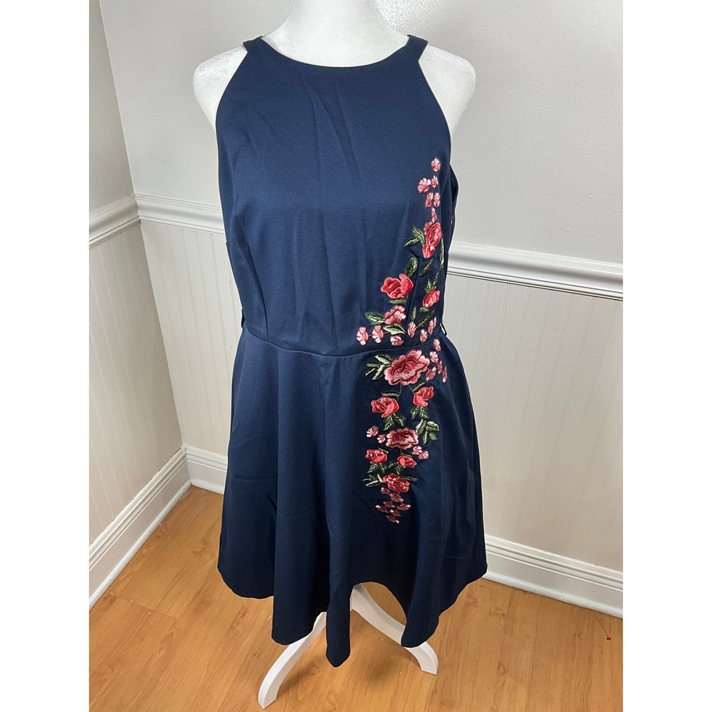 Little Mistress‎ London Blue Floral Embroidered Fit & Flare Dress Women Size 12